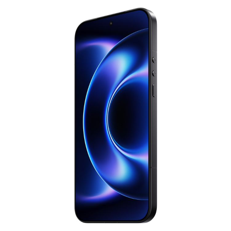 Smartphone Xiaomi 17 Ultra preto com ecrã ligado, mostrando imagem azul e violeta.