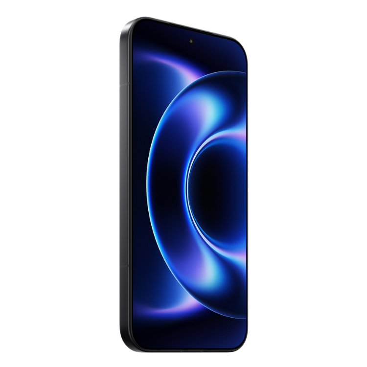 Smartphone Xiaomi 17 Ultra preto com ecrã ligado, mostrando imagem azul.