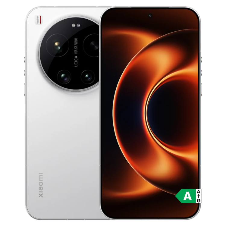 Smartphone Xiaomi 17 Ultra branco, 5G, câmara Leica tripla e ecrã com imagem de esfera alaranjada.