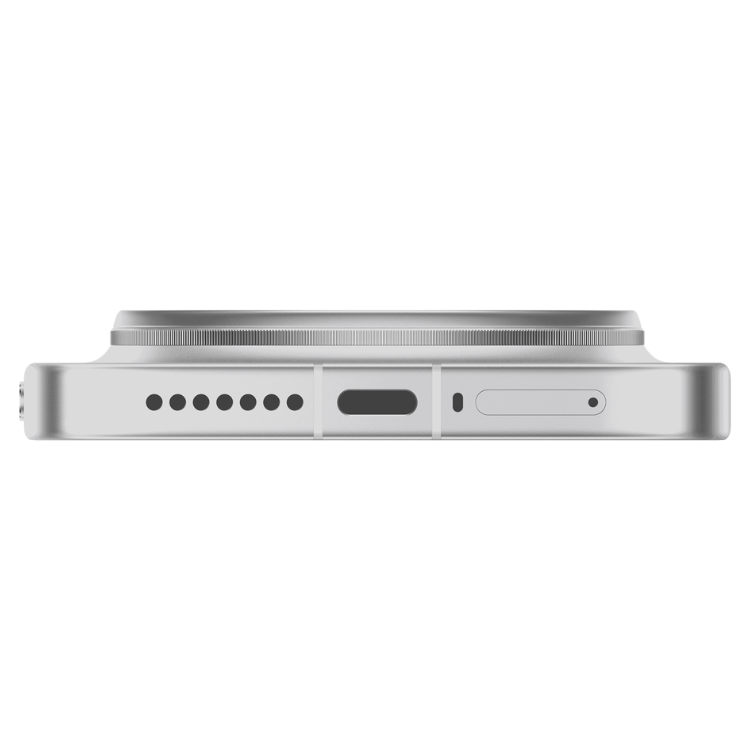 Smartphone Xiaomi branco, vista lateral, com detalhes de alto-falantes e entrada USB.