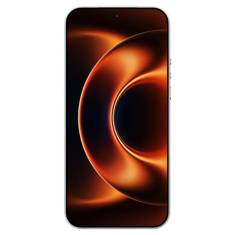 Smartphone Xiaomi 17 Ultra branco com ecrã de imagem abstrata em tons laranja.