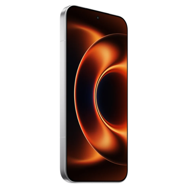 Smartphone Xiaomi 17 Ultra branco com ecrã ligado, mostrando imagem de círculos laranja e castanhos.