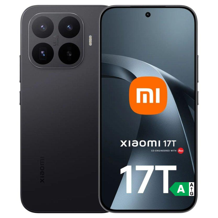 Smartphone Xiaomi 17T 5G preto, 12GB/512GB, câmara quádrupla, ecrã ligado.