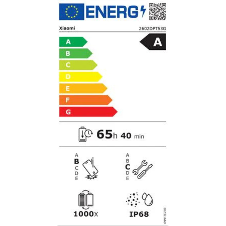 Etiqueta energética do smartphone Xiaomi, eficiência energética classe A, 65 horas e 40 minutos de bateria.