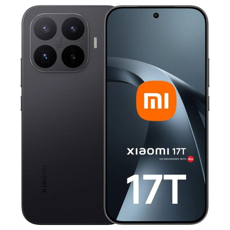 Smartphone Xiaomi 17T 5G preto, 12GB/512GB, câmaras quádruplas e ecrã com logotipo Mi.