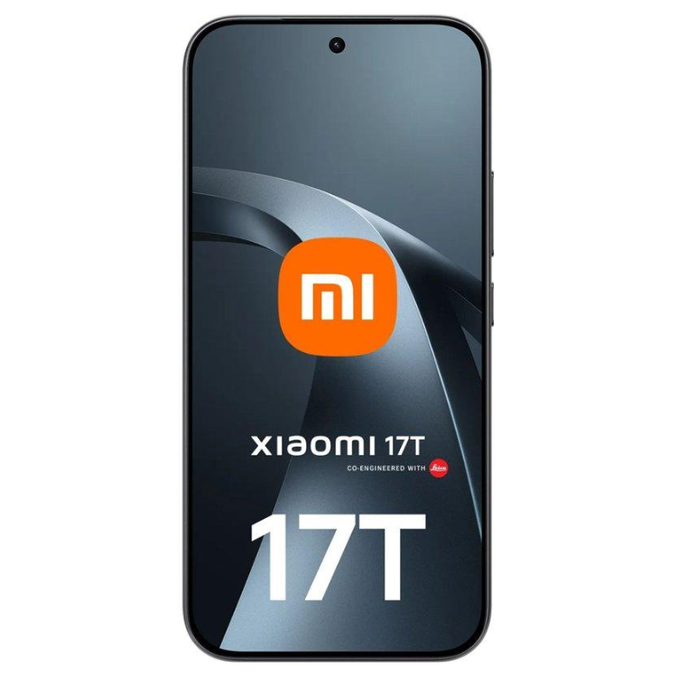 Smartphone Xiaomi 17T 5G preto com logotipo Mi e detalhes do produto na tela.