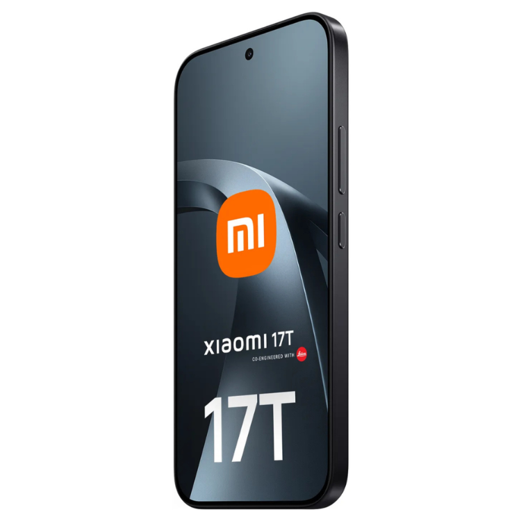 Smartphone Xiaomi 17T 5G preto, logotipo MI laranja no ecrã.