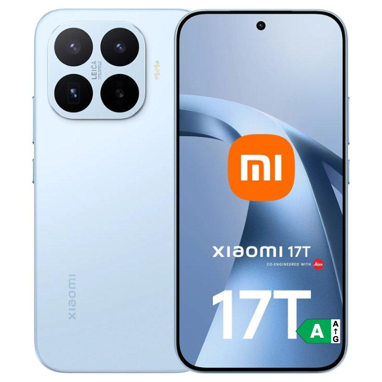 Smartphone Xiaomi 17T 5G azul, com quatro câmeras traseiras e ecrã ligado, mostrando o logótipo Mi e o número 17T.