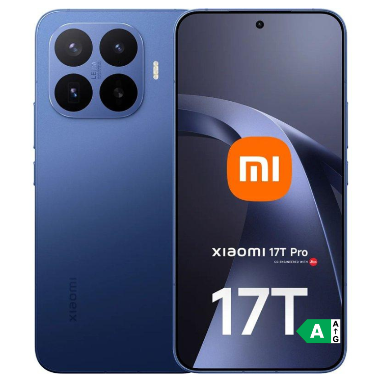 Smartphone Xiaomi 17T Pro 5G azul, 12GB/1TB, Dual Sim, quatro câmeras traseiras e tela com logotipo Mi.