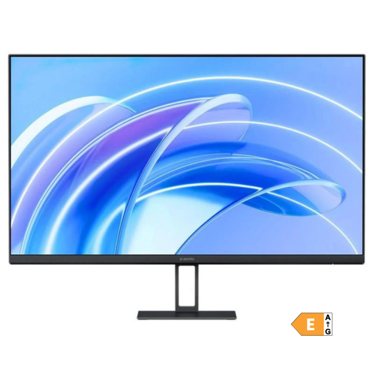 Monitor Xiaomi A27i 27" IPS FHD 100Hz preto com imagem de ecrã azul e linhas brancas curvas.