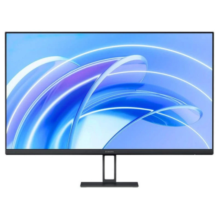 Monitor Xiaomi A27i 27" IPS FHD 100Hz preto com imagem de ecrã azul e linhas brancas curvas.