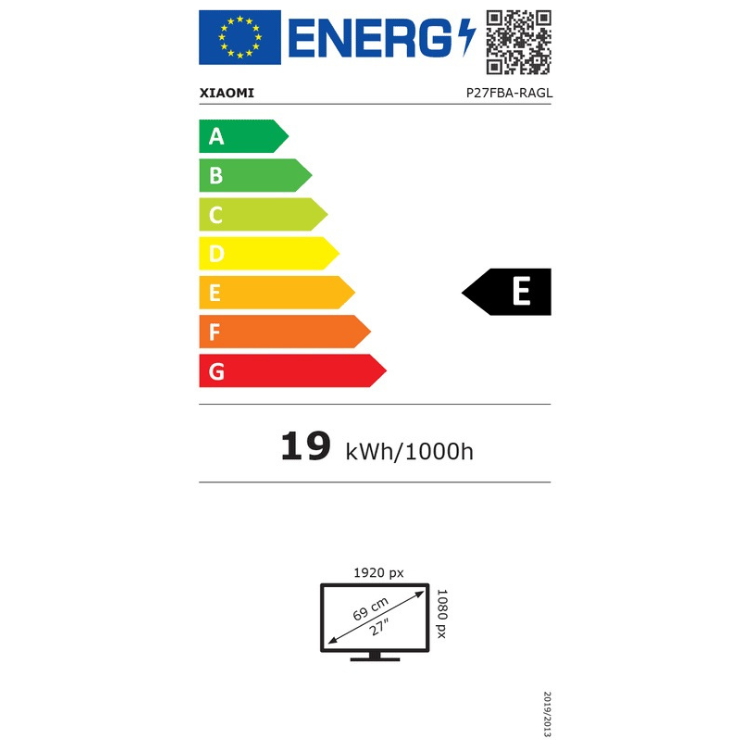 Etiqueta energética do monitor Xiaomi, classificação E, 19 kWh/1000h.
