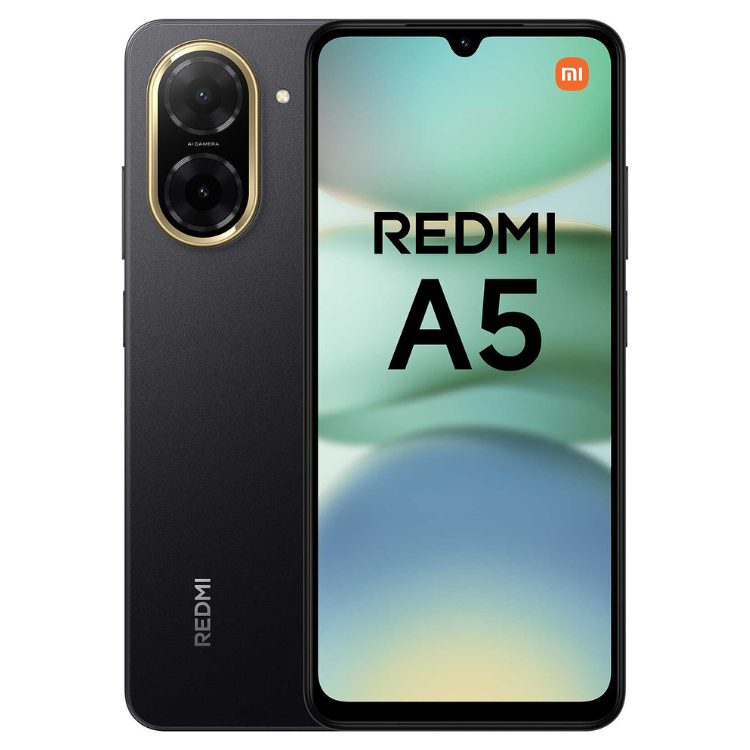 Smartphone Xiaomi Redmi A5 preto, com câmara dupla e ecrã colorido.
