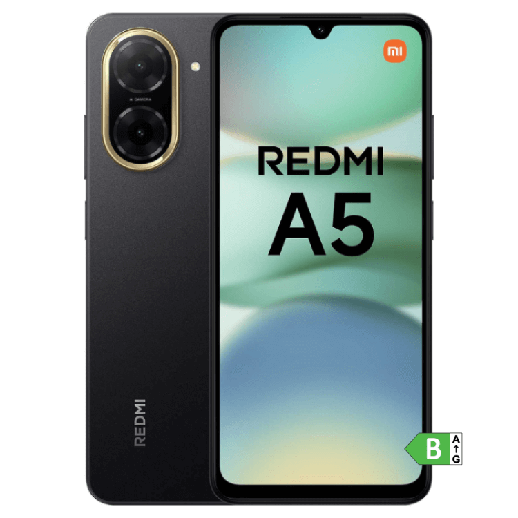 Smartphone Xiaomi Redmi A5 preto, com câmara dupla e ecrã colorido.