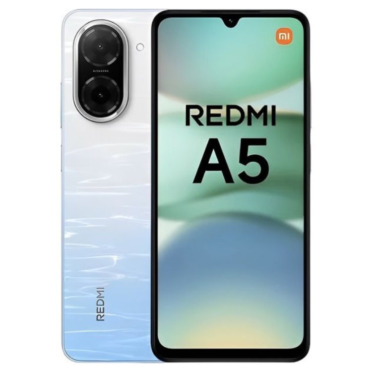 Smartphone Xiaomi Redmi A5 azul, 4GB/128GB, Dual Sim, com ecrã e câmaras duplas.