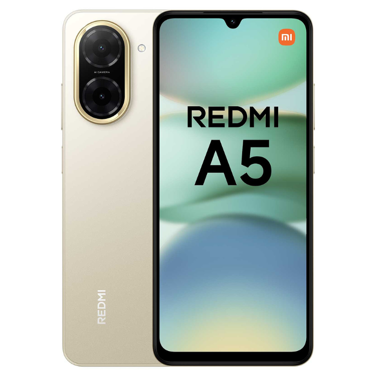 Smartphone Xiaomi Redmi A5 dourado com duas câmeras traseiras e ecrã colorido.