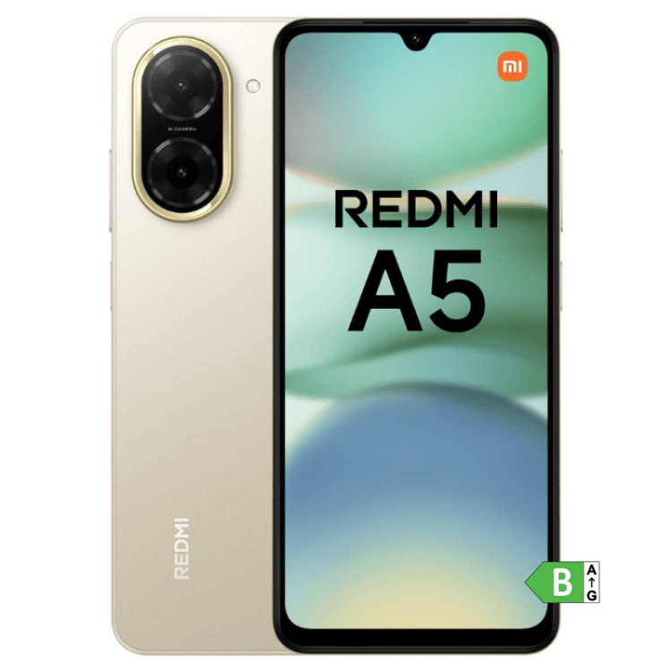 Smartphone Xiaomi Redmi A5 dourado com 4GB de RAM e 128GB de armazenamento, câmara dupla e ecrã colorido.