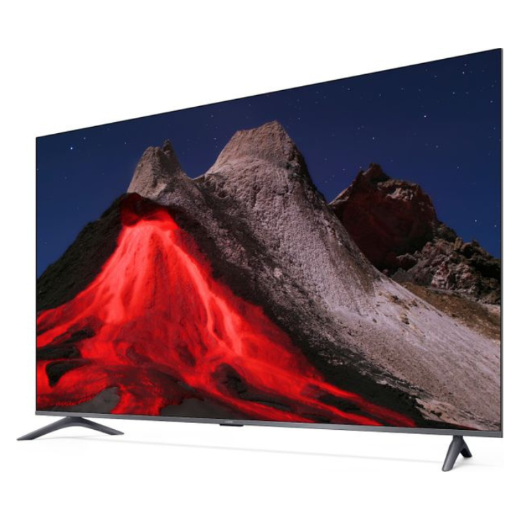 Televisão Xiaomi A PRO 2026 Smart TV 4K QLED 65" com imagem de montanha e lava a fluir.