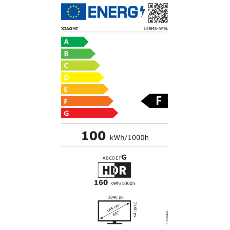 Etiqueta energética da televisão Xiaomi, eficiência F, 100 kWh/1000h.