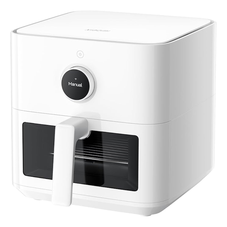 White Xiaomi Mi Smart Air Fryer 5.5L with black window and handle.