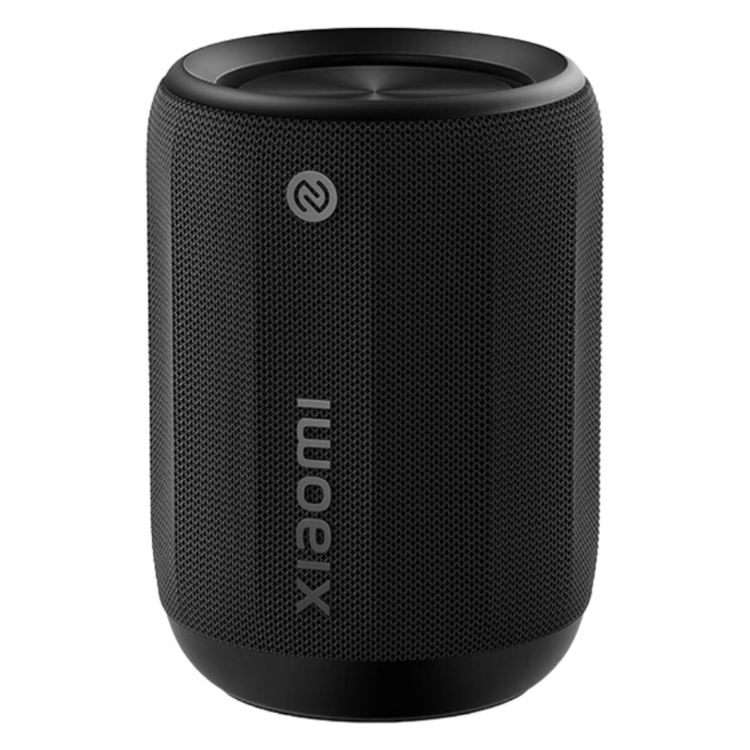 Black Xiaomi Bluetooth speaker, cylindrical with mesh texture, Xiaomi logo.