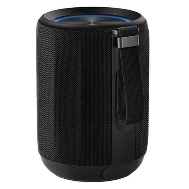 Black Xiaomi Bluetooth speaker with blue light, cylindrical shape and strap.