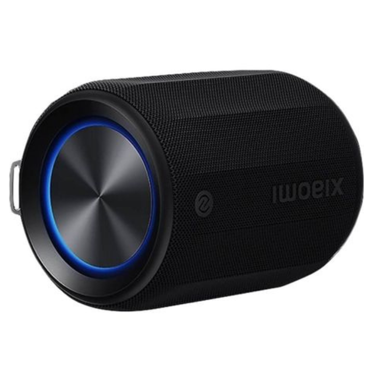 Black Xiaomi Bluetooth speaker with blue accent, cylindrical shape.