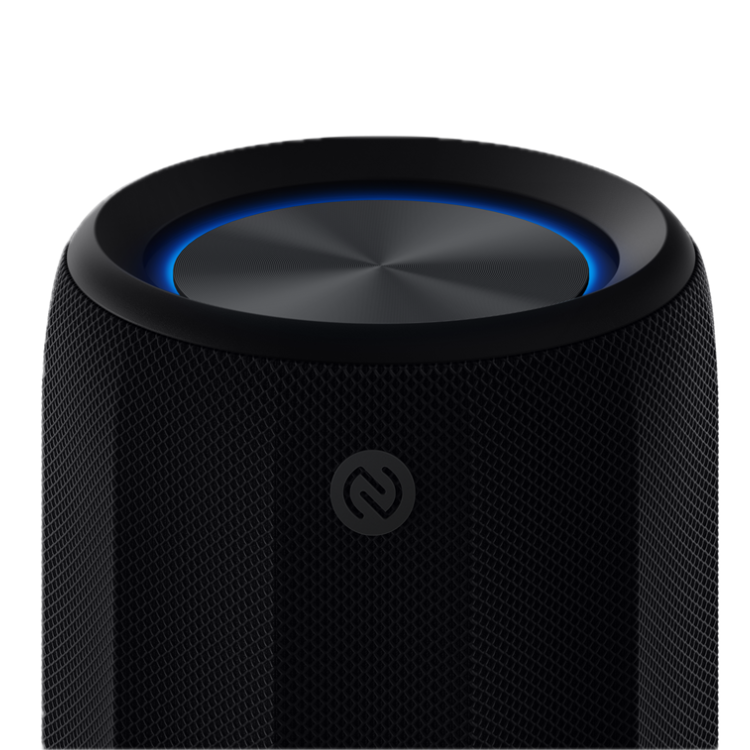 Black Xiaomi Bluetooth speaker with blue accent, mesh texture, and logo.