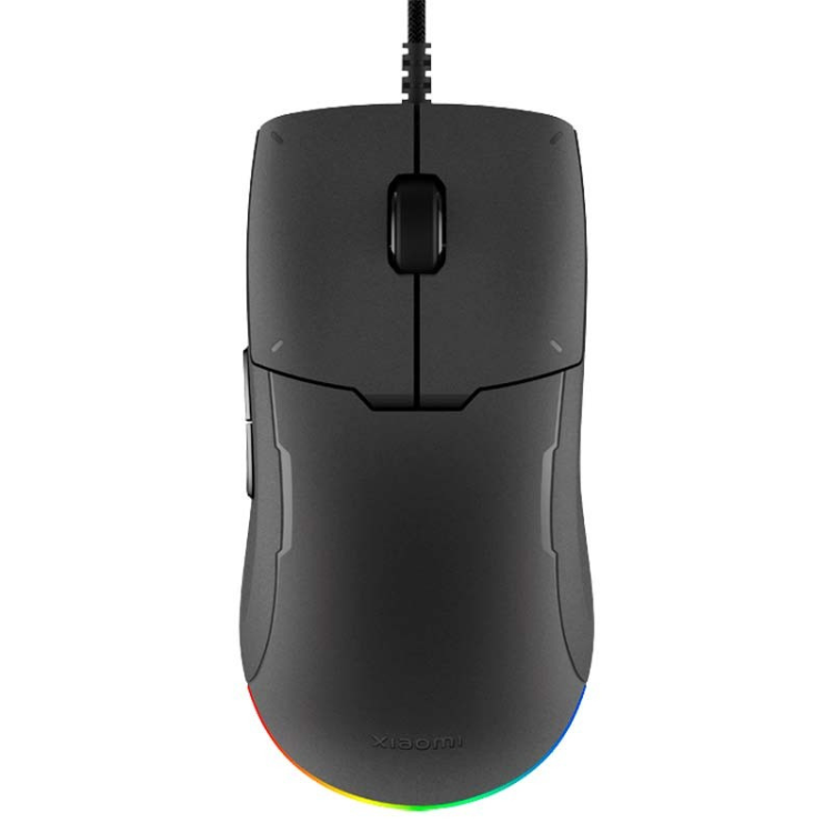 Black Xiaomi gaming mouse with rainbow LED light, cord, and PixArt sensor, 6200 DPI.