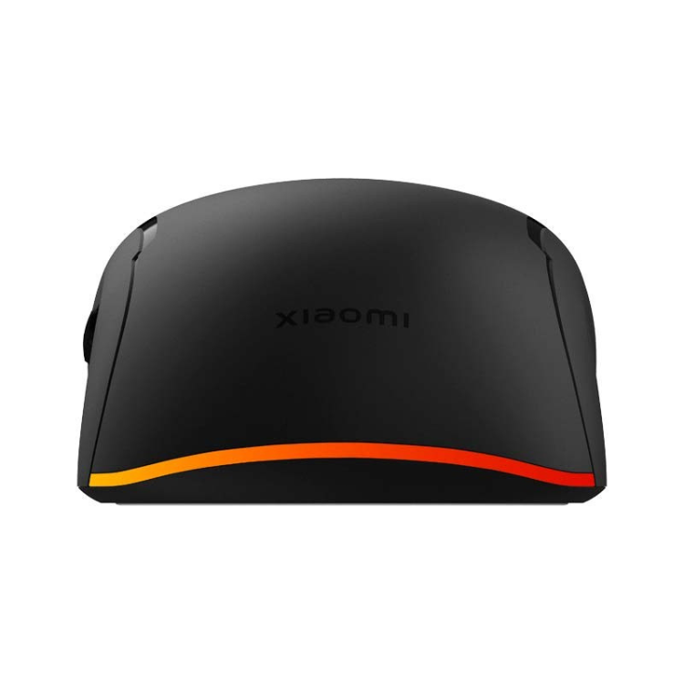 Black Xiaomi gaming mouse with orange and red stripe, 6200 DPI.