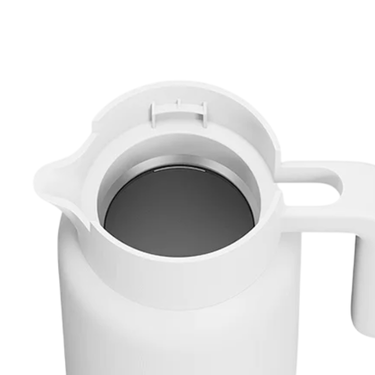 Xiaomi white insulated kettle 1.8L, open lid showing dark interior.