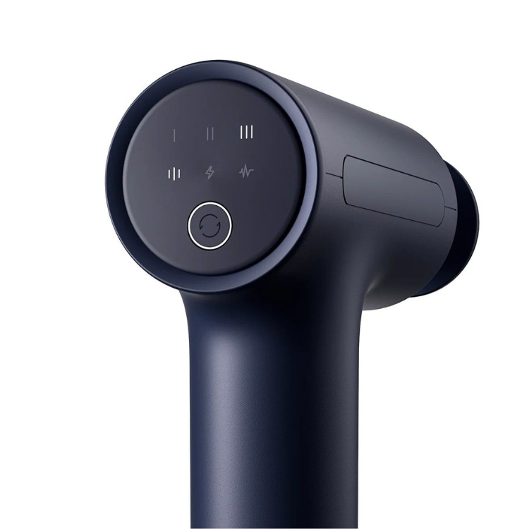 Xiaomi Massage Gun 2, dark gray massage gun with control panel and button.