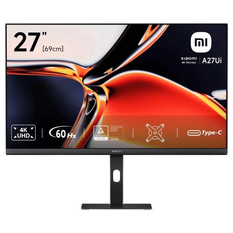 Monitor Xiaomi A27Ui IPS 4K 60Hz 27 polegadas preto com detalhes em laranja.