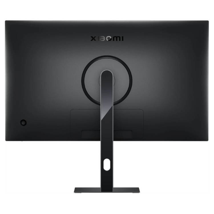 Monitor Xiaomi A27Ui preto com suporte, visto por trás.
