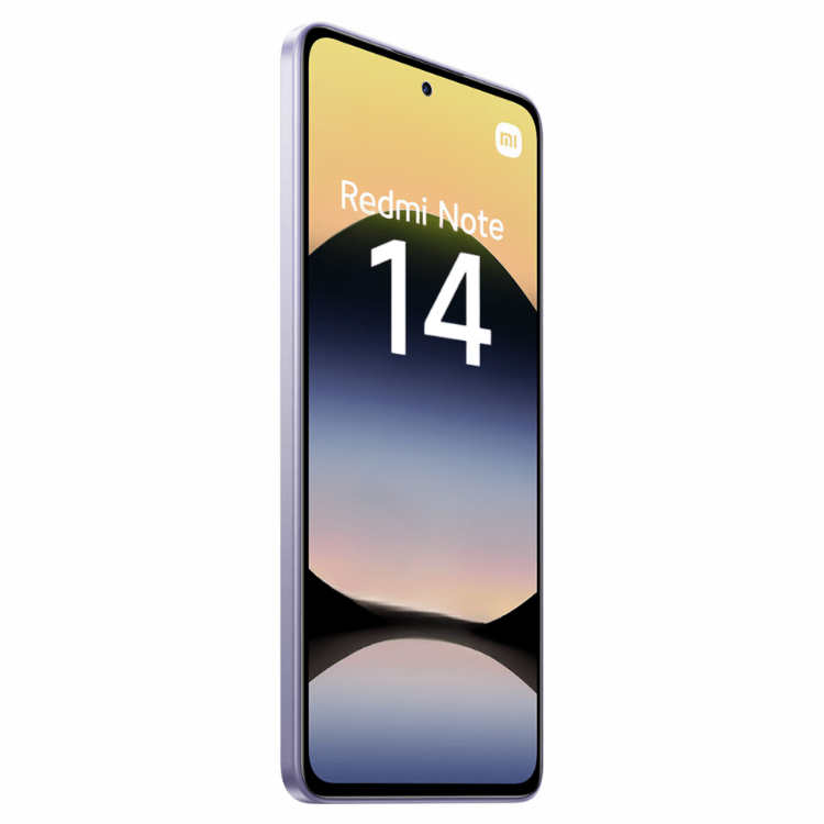 Smartphone Xiaomi Redmi Note 14 roxo, com ecrã de imagem de pôr do sol e logotipo Xiaomi no canto superior direito.