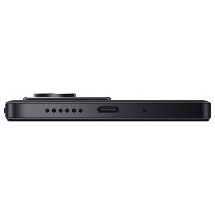 Smartphone Xiaomi Redmi 15 preto, vista lateral, com várias perfurações para som e entrada USB-C.