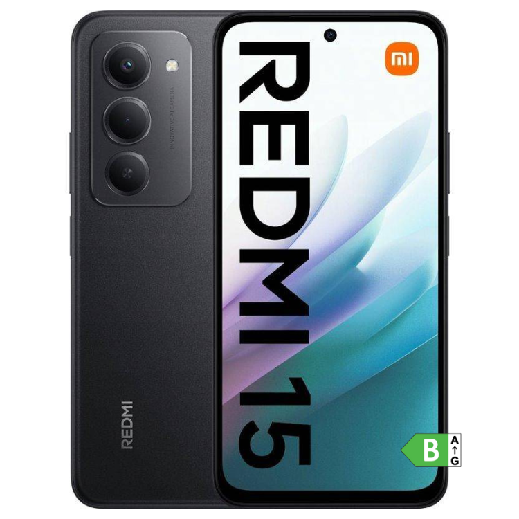 Smartphone Xiaomi Redmi 15 preto, 8GB/256GB, câmara tripla, ecrã 6.9 polegadas.