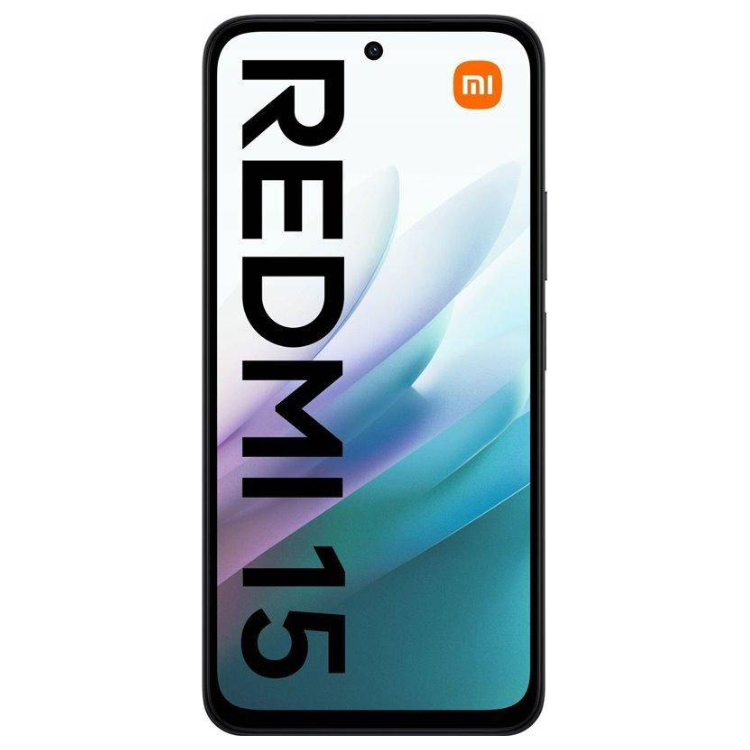 Smartphone Xiaomi Redmi 15 preto, ecrã com logotipo Redmi e marca Mi.