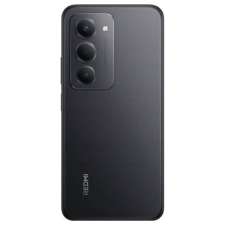 Smartphone Xiaomi Redmi 15 preto, 3 câmeras traseiras e logotipo Redmi na parte inferior.