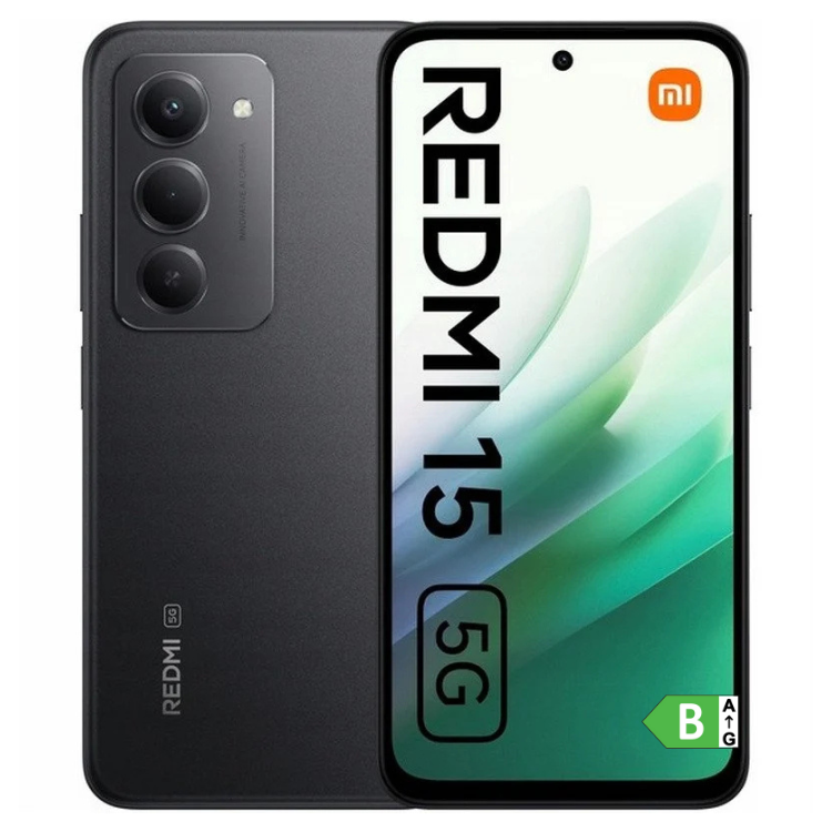Smartphone Xiaomi Redmi 15 5G preto, com câmara tripla e ecrã colorido.