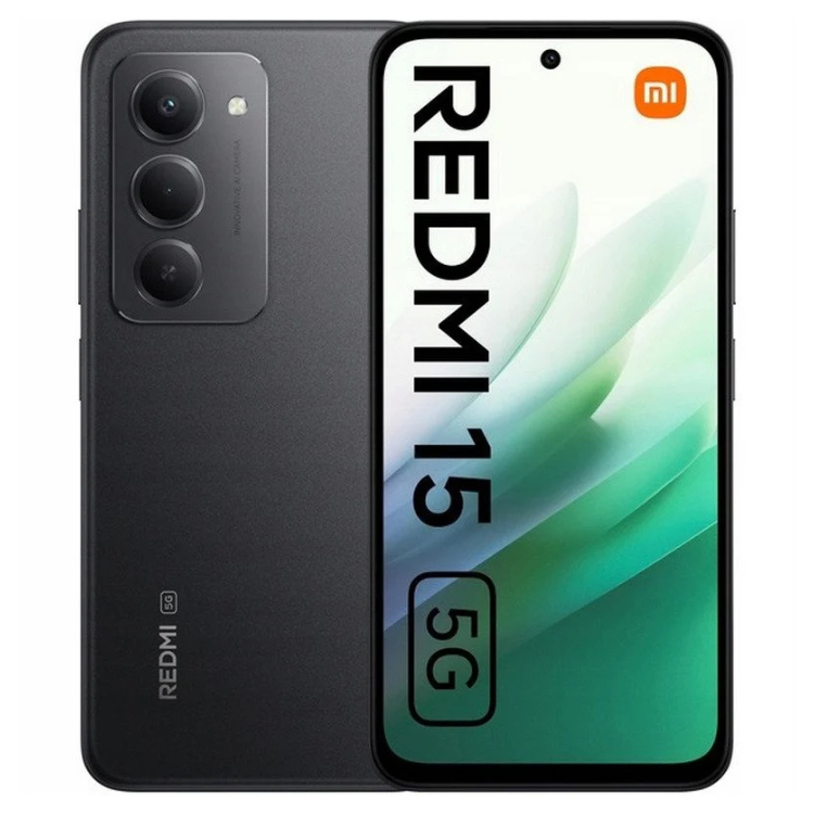 Smartphone Xiaomi Redmi 15 5G preto, com três câmeras e ecrã colorido a mostrar o logótipo.
