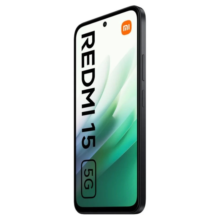 Smartphone Xiaomi Redmi 15 5G preto, ecrã com logótipo Redmi e símbolo 5G.