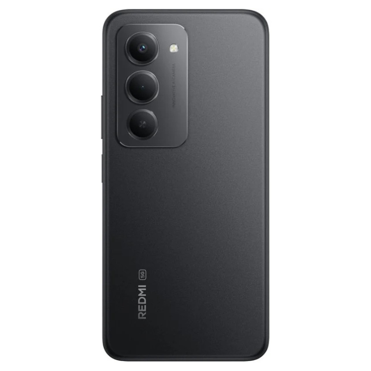 Smartphone Xiaomi Redmi 15 5G preto, com três câmeras na parte superior esquerda e logotipo Redmi na parte inferior.
