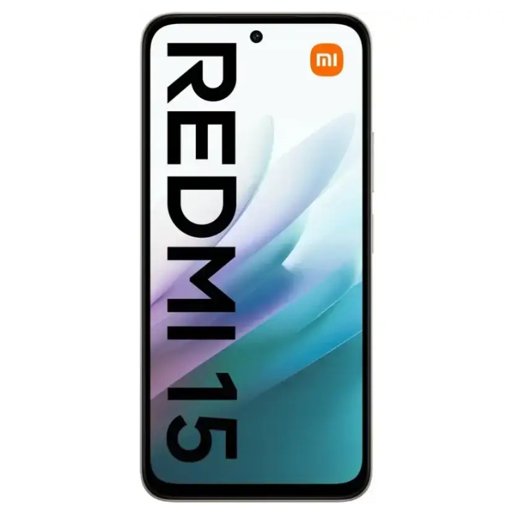 Smartphone Xiaomi Redmi 15, cor cinzento titânio, ecrã colorido com logotipo Redmi e marca Mi.