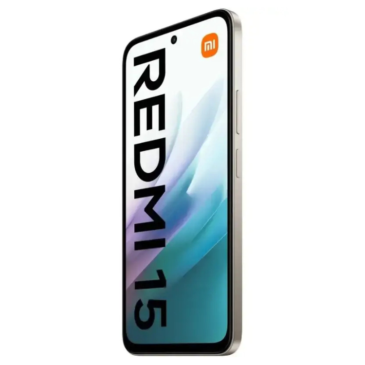 Smartphone Xiaomi Redmi 15, cor cinzento titânio, ecrã colorido com logotipo Redmi e marca Mi.
