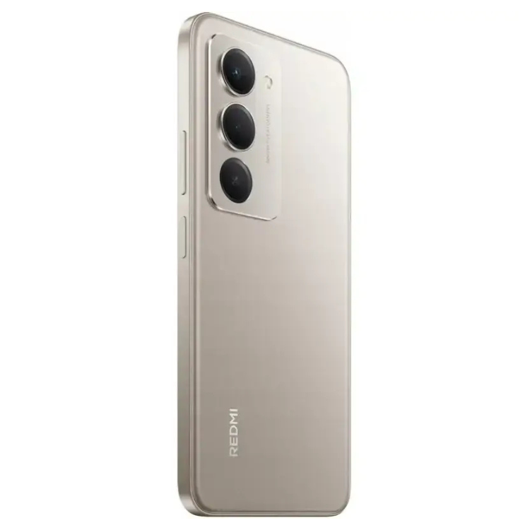 Smartphone Xiaomi Redmi 15 cinzento titânio com três câmaras traseiras e logotipo Redmi na parte inferior.