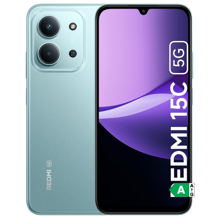 Smartphone Xiaomi Redmi 15C 5G, 4GB/256GB, Dual Sim, verde, com ecrã de 6.9 polegadas e câmaras duplas.