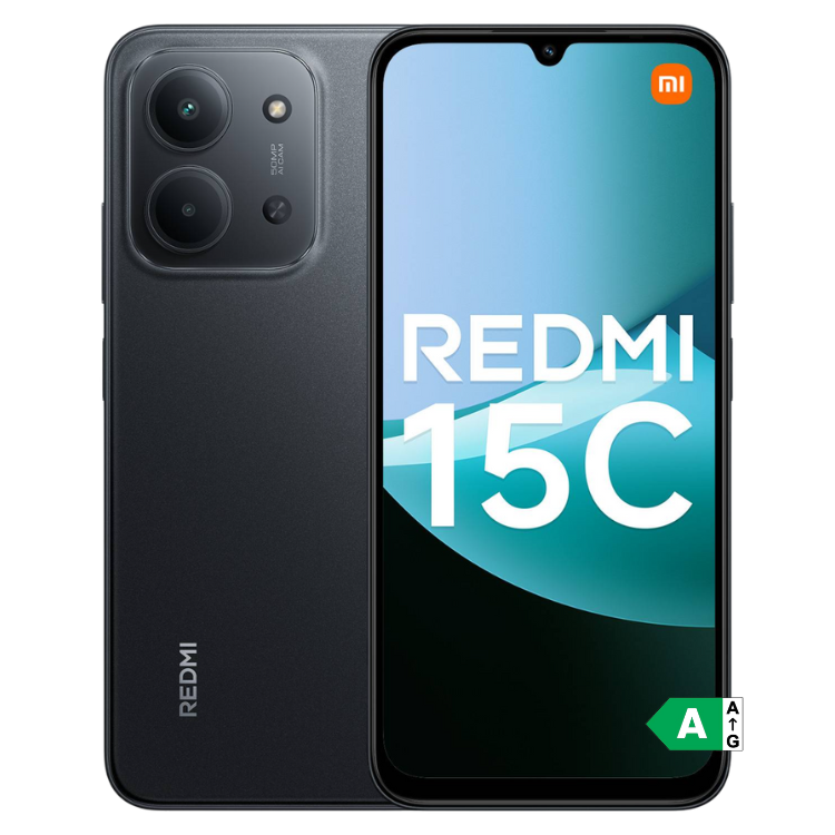 Xiaomi Redmi 15C, smartphone preto, 4GB/128GB, ecrã HD+ de 6.79 polegadas, processador MediaTek Helio G85.