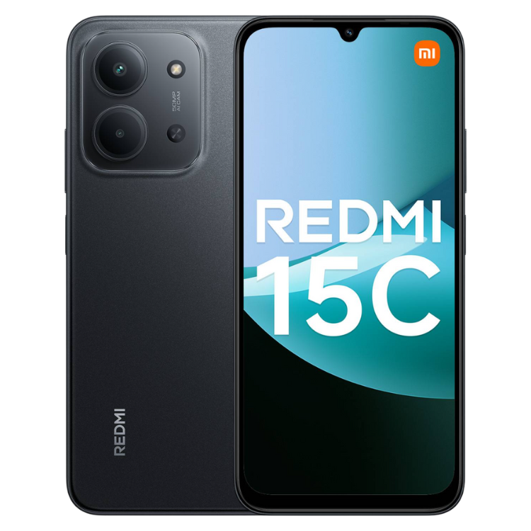 Smartphone Xiaomi Redmi 15C preto, 4GB/256GB, câmara dupla e ecrã 6.9”.