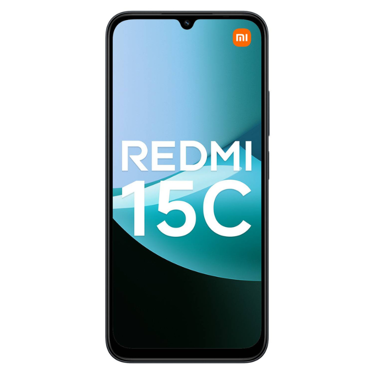Xiaomi Redmi 15C, smartphone preto, ecrã HD+ de 6.5 polegadas, processador MediaTek Helio G85, 4GB RAM, 128GB armazenamento.